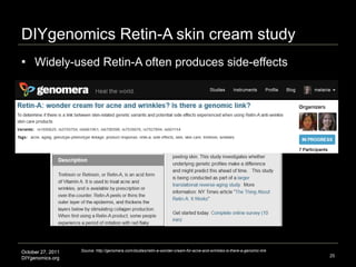 DIYgenomics Retin-A skin cream study Widely-used Retin-A often produces side-effects Source: http://genomera.com/studies/retin-a-wonder-cream-for-acne-and-wrinkles-is-there-a-genomic-link 
