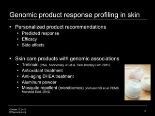 Genomic product response profiling in skin <ul><li>Personalized product recommendations </li></ul><ul><ul><li>Predicted re...