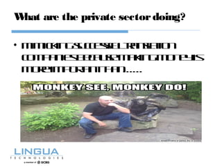 What are the private sectordoing?
• Mimickingsuccessfultranslation
companiesbecausemakingmoneyis
moreimportantthan……
 