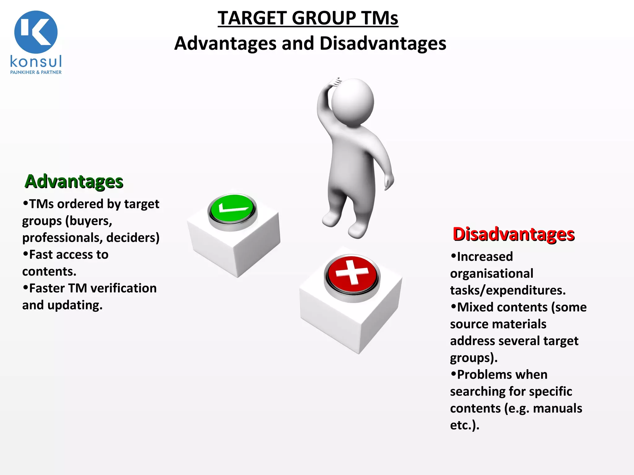 8
TARGET GROUP TMs
Advantages and Disadvantages
AdvantagesAdvantages
•TMs ordered by target
groups (buyers,
professionals, deciders)
•Fast access to
contents.
•Faster TM verification
and updating.
DisadvantagesDisadvantages
•Increased
organisational
tasks/expenditures.
•Mixed contents (some
source materials
address several target
groups).
•Problems when
searching for specific
contents (e.g. manuals
etc.).
 