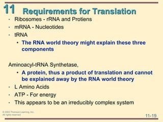 11
11-19
© 2003 Thomson Learning, Inc.
All rights reserved
Requirements for Translation
• Ribosomes - rRNA and Protiens
• mRNA - Nucleotides
• tRNA
• The RNA world theory might explain these three
components
Aminoacyl-tRNA Synthetase,
• A protein, thus a product of translation and cannot
be explained away by the RNA world theory
• L Amino Acids
• ATP - For energy
• This appears to be an irreducibly complex system
 