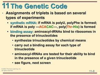 11
11-8
© 2003 Thomson Learning, Inc.
All rights reserved
The Genetic Code
• Assignments of triplets is based on several
types of experiments
• synthetic mRNA: if mRNA is polyU, polyPhe is formed;
if mRNA is poly ---ACACAC---, poly(Thr-His) is formed
• binding assay: aminoacyl-tRNAs bind to ribosomes in
the presence of trinucleotides
• synthesize trinucleotides by chemical means
• carry out a binding assay for each type of
trinucleotide
• aminoacyl-tRNAs are tested for their ability to bind
in the presence of a given trinucleotide
• see figure, next screen
 
