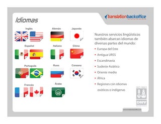 Idiomas
   Inglés     Alemán     Japonés

                                   Nuestros servicios lingüísticos
                                   también abarcan idiomas de
                                   diversas partes del mundo:
  Español     Italiano   Chino
                                   •   Europa del Este
                                   •   Antigua URSS
                                   •   Escandinavia
  Portugués   Ruso       Coreano
                                   •   Sudeste Asiático
                                   •   Oriente medio
                                   •   África

  Francés      Árabe               •   Regiones con idiomas
                                       exóticos o indígenas
 
