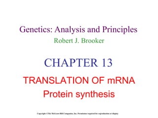 Genetics: Analysis and Principles Robert J. Brooker Copyright ©The McGraw-Hill Companies, Inc. Permission required for reproduction or display CHAPTER 13 TRANSLATION OF mRNA Protein synthesis 