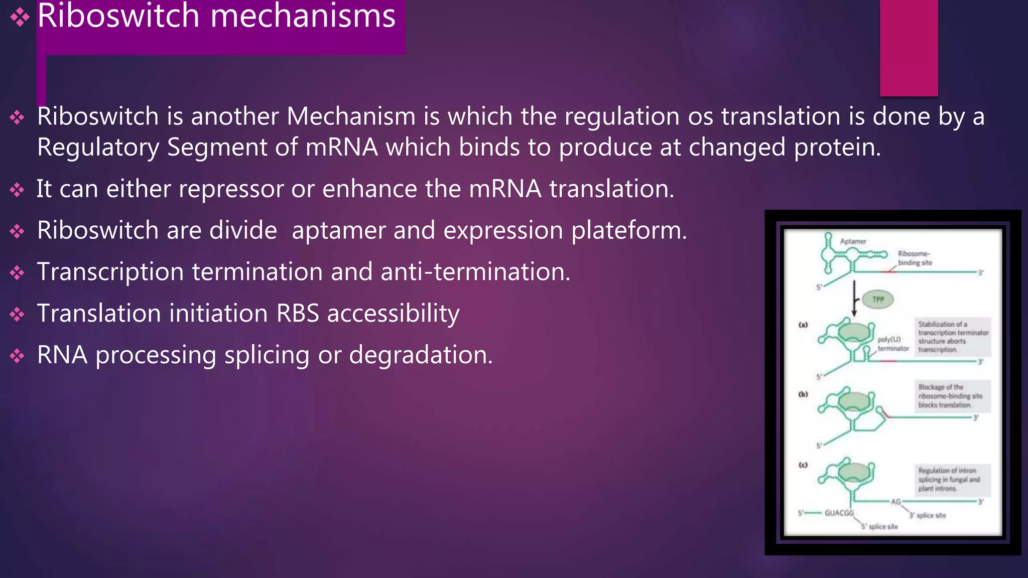  Riboswitch mechanisms
 Riboswitch is another Mechanism is which the regulation os translation is done by a
Regulatory Segment of mRNA which binds to produce at changed protein.
 It can either repressor or enhance the mRNA translation.
 Riboswitch are divide aptamer and expression plateform.
 Transcription termination and anti-termination.
 Translation initiation RBS accessibility
 RNA processing splicing or degradation.
 