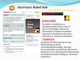http://babelfish.yahoo.com/AltaVista’s Babel fishENGLISHAutomatic  translation is a translation produced by state-of-the-art technology, without the intervention of human translators. Automatic translation is also often referred to as "machine translation". GERMANAutomatische Übersetzung ist eine Übersetzung, die durch Entwicklungstechnologie, ohne die Intervention der menschlichen Übersetzer produziert wird. Automatische Übersetzung auch gekennzeichnet häufig als " Maschine translation".2