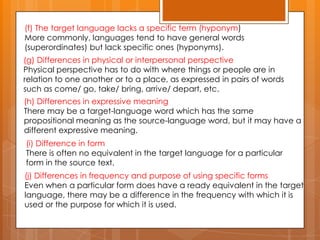 (f) The target language lacks a specific term (hyponym)
More commonly, languages tend to have general words
(superordinates) but lack specific ones (hyponyms).
(g) Differences in physical or interpersonal perspective
Physical perspective has to do with where things or people are in
relation to one another or to a place, as expressed in pairs of words
such as come/ go, take/ bring, arrive/ depart, etc.
(h) Differences in expressive meaning
There may be a target-language word which has the same
propositional meaning as the source-language word, but it may have a
different expressive meaning.
(i) Difference in form
There is often no equivalent in the target language for a particular
form in the source text.
(j) Differences in frequency and purpose of using specific forms
Even when a particular form does have a ready equivalent in the target
language, there may be a difference in the frequency with which it is
used or the purpose for which it is used.

 