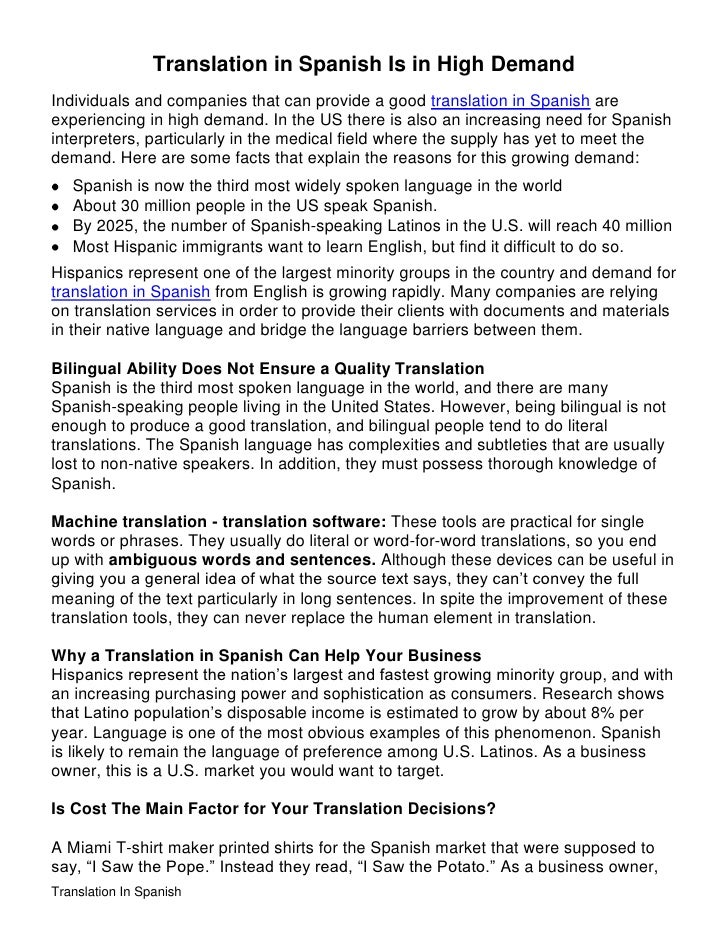 Spanish Speakers Demand Translation For >> Translation In Spanish Is On Demand Spanish Speakers Demand Translation For >> Translation In Spanish Is On Demand