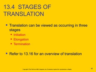  Translation can be viewed as occurring in three
stages
 Initiation
 Elongation
 Termination
 Refer to 13.16 for an overview of translation
Copyright ©The McGraw-Hill Companies, Inc. Permission required for reproduction or display
13.4 STAGES OF
TRANSLATION
41
 