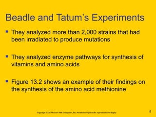 Copyright ©The McGraw-Hill Companies, Inc. Permission required for reproduction or display
 They analyzed more than 2,000 strains that had
been irradiated to produce mutations
 They analyzed enzyme pathways for synthesis of
vitamins and amino acids
 Figure 13.2 shows an example of their findings on
the synthesis of the amino acid methionine
Beadle and Tatum’s Experiments
8
 