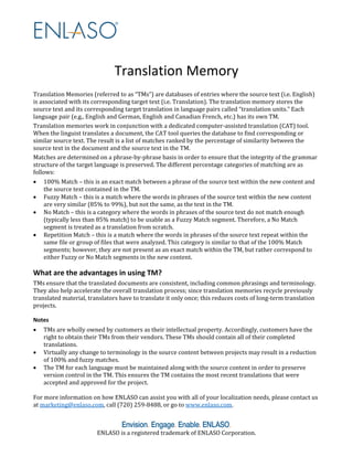 ENLASO	is	a	registered	trademark	of	ENLASO	Corporation.	
Translation Memory 
	
Translation	Memories	(referred	to	as	“TMs”)	are	databases	of	entries	where	the	source	text	(i.e.	English)	
is	associated	with	its	corresponding	target	text	(i.e.	Translation).	The	translation	memory	stores	the	
source	text	and	its	corresponding	target	translation	in	language	pairs	called	“translation	units.”	Each	
language	pair	(e.g.,	English	and	German,	English	and	Canadian	French,	etc.)	has	its	own	TM.		
Translation	memories	work	in	conjunction	with	a	dedicated	computer‐assisted	translation	(CAT)	tool.	
When	the	linguist	translates	a	document,	the	CAT	tool	queries	the	database	to	find	corresponding	or	
similar	source	text.	The	result	is	a	list	of	matches	ranked	by	the	percentage	of	similarity	between	the	
source	text	in	the	document	and	the	source	text	in	the	TM.	
Matches	are	determined	on	a	phrase‐by‐phrase	basis	in	order	to	ensure	that	the	integrity	of	the	grammar	
structure	of	the	target	language	is	preserved.	The	different	percentage	categories	of	matching	are	as	
follows:	
 100%	Match	–	this	is	an	exact	match	between	a	phrase	of	the	source	text	within	the	new	content	and	
the	source	text	contained	in	the	TM.		
 Fuzzy	Match	–	this	is	a	match	where	the	words	in	phrases	of	the	source	text	within	the	new	content	
are	very	similar	(85%	to	99%),	but	not	the	same,	as	the	text	in	the	TM.		
 No	Match	–	this	is	a	category	where	the	words	in	phrases	of	the	source	text	do	not	match	enough	
(typically	less	than	85%	match)	to	be	usable	as	a	Fuzzy	Match	segment.	Therefore,	a	No	Match	
segment	is	treated	as	a	translation	from	scratch.	
 Repetition	Match	–	this	is	a	match	where	the	words	in	phrases	of	the	source	text	repeat	within	the	
same	file	or	group	of	files	that	were	analyzed.	This	category	is	similar	to	that	of	the	100%	Match	
segments;	however,	they	are	not	present	as	an	exact	match	within	the	TM,	but	rather	correspond	to	
either	Fuzzy	or	No	Match	segments	in	the	new	content.	
What are the advantages in using TM? 
TMs	ensure	that	the	translated	documents	are	consistent,	including	common	phrasings	and	terminology.	
They	also	help	accelerate	the	overall	translation	process;	since	translation	memories	recycle	previously	
translated	material,	translators	have	to	translate	it	only	once;	this	reduces	costs	of	long‐term	translation	
projects.	
Notes 
 TMs	are	wholly	owned	by	customers	as	their	intellectual	property.	Accordingly,	customers	have	the	
right	to	obtain	their	TMs	from	their	vendors.	These	TMs	should	contain	all	of	their	completed	
translations.	
 Virtually	any	change	to	terminology	in	the	source	content	between	projects	may	result	in	a	reduction	
of	100%	and	fuzzy	matches.	
 The	TM	for	each	language	must	be	maintained	along	with	the	source	content	in	order	to	preserve	
version	control	in	the	TM.	This	ensures	the	TM	contains	the	most	recent	translations	that	were	
accepted	and	approved	for	the	project.	
	
For	more	information	on	how	ENLASO	can	assist	you	with	all	of	your	localization	needs,	please	contact	us	
at	marketing@enlaso.com,	call	(720)	259‐8488,	or	go	to	www.enlaso.com.		
 