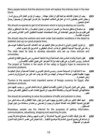 Many people believe that the electronic book will replace the ordinary book in the near 
future. 
25 ) يجب أن نحاول اكتشاف مواهبنا قبل أن نختار مهنتنا . ويجب أن نؤدي العمل الذي يروق لنـــا . 
و بعض الناس يفضلون أداء أي عمل في المكاتب الحكومية بالرغم من أنهم يمكن أن يصبحوا رجــال 
أعمال ناجحين . 
We should co-operate to get rid of terrorism which is trying to destroy our country. 
26 ) تم استصلح  مناطق شاسعة من الصحراء مؤخرا و تحاول الحكومة زراعة هذه المناطق و لـذلك 
فعي تقوم بإرسال خريجي الجامعات إلى هـذه المجتمعـات الجديـدة لتحقيــق المـن الغـذائي لمصـر فـي 
السنوات القادمـة . 
We should value the workers who work under bad weather conditions in the desert to 
establish (set up) our great projects there. 
27 ) إن تعزيز التعاون الدولي ة السلم من خلل التعليم هو أحد الهداف الساسية لمنظمة اليونســكو 
و هذه هي الوسيلة الوحيدة لتحقيق الرخاء و السلم الحقيقي و الدائم بين كل شعوب العالم , 
The state does its best to develop education and set up more schools and 
universities. 
28 ) تقوم الدولة بإنشاء المشروعات الصناعية لزيادة إنتاجنا المحلـي و هـي تشـجع القطـاع الخـاص 
لستثمار رؤوس الموال و هي تقوم أيضا بإزالة الحواجز التي تعوق التقدم القتصـادي , 
The project of Toshka in the south of the valley is Egypt’s hope to overcome its 
economic problems. 
29 ) مما ل شك فيــه أن الســياحة مصــدر رئيســي للـدخل القــومي و العملـة الصــعبة و تبــذل الحكومـة 
جهودا عظيمة لتطوير صناعة السياحة و الهدف من ذلك هو جذب عدد أكبر من السياح  لزيــارة مصــر 
أرض الحضارة . 
Tourism is the second most important earner of foreign currency for Egypt, after 
petroleum products. 
30 ) ينبغي علي الدول العربية أن تتعاون اقتصاديا لتحقيق الرخاء للعالم العربي . و يجــب عليهــا حــل 
مشكلتها في الجامعة العربية و بالضاافة لذلك يجب أن تشجع العلماء العرب لتحقيق التقدم في مجــال 
العلم . 
We should do something to solve the problems of traffic and pollution in cities. 
31 ) شهد العقد الخير من القرن العشرين جهودا كبيرة من أجل رعاية الطفال و قــد ســنت كــثير مــن 
القوانين لحماية الطفال ضاد العمالة المبكـرة و يجــب أن نضـحي براحتنـا و سـعادتنا مـن أجـل أجيـال 
المستقيل . 
Nowadays, people use the internet for the purposes of getting information, 
communications, advertising, shopping and searching for jobs. 
32 ) لقد حان الوقت لنشاء السوق العربية المشتركة و العرب لديهم روابط و مصالح مشتركة يجــب 
أن تساعد في وضاــع السـوق المشـتركة موضاــع التنفيـذ . إننـا نعيــش فـي عصـر ل مكـان فيـه للـدول 
الصغيرة و الضعيفة. 
13 
 