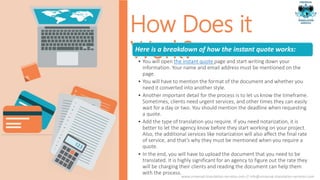 How Does it
Work?Here is a breakdown of how the instant quote works:
• You will open the instant quote page and start writing down your
information. Your name and email address must be mentioned on the
page.
• You will have to mention the format of the document and whether you
need it converted into another style.
• Another important detail for the process is to let us know the timeframe.
Sometimes, clients need urgent services, and other times they can easily
wait for a day or two. You should mention the deadline when requesting
a quote.
• Add the type of translation you require. If you need notarization, it is
better to let the agency know before they start working on your project.
Also, the additional services like notarization will also affect the final rate
of service, and that’s why they must be mentioned when you require a
quote.
• In the end, you will have to upload the document that you need to be
translated. It is highly significant for an agency to figure out the rate they
will be charging their clients and reading the document can help them
with the process.
www.universal-translation-services.com // info@universal-translation-services.com
 