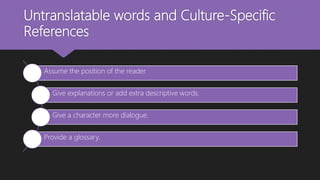 Untranslatable words and Culture-Specific
References
Assume the position of the reader.
Give explanations or add extra descriptive words.
Give a character more dialogue.
Provide a glossary.
 