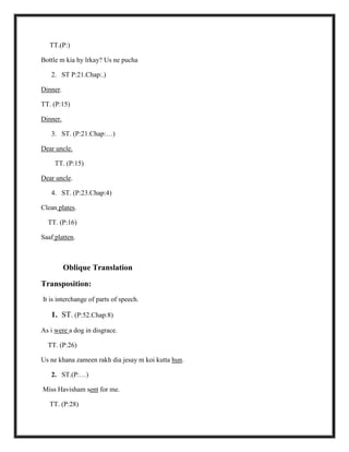 TT.(P:)
Bottle m kia hy lrkay? Us ne pucha
2. ST P:21.Chap:.)
Dinner.
TT. (P:15)
Dinner.
3. ST. (P:21.Chap:…)
Dear uncle.
TT. (P:15)
Dear uncle.
4. ST. (P:23.Chap:4)
Clean plates.
TT. (P:16)
Saaf platten.
Oblique Translation
Transposition:
It is interchange of parts of speech.
1. ST. (P:52.Chap:8)
As i were a dog in disgrace.
TT. (P:26)
Us ne khana zameen rakh dia jesay m koi kutta hun.
2. ST.(P:…)
Miss Havisham sent for me.
TT. (P:28)
 