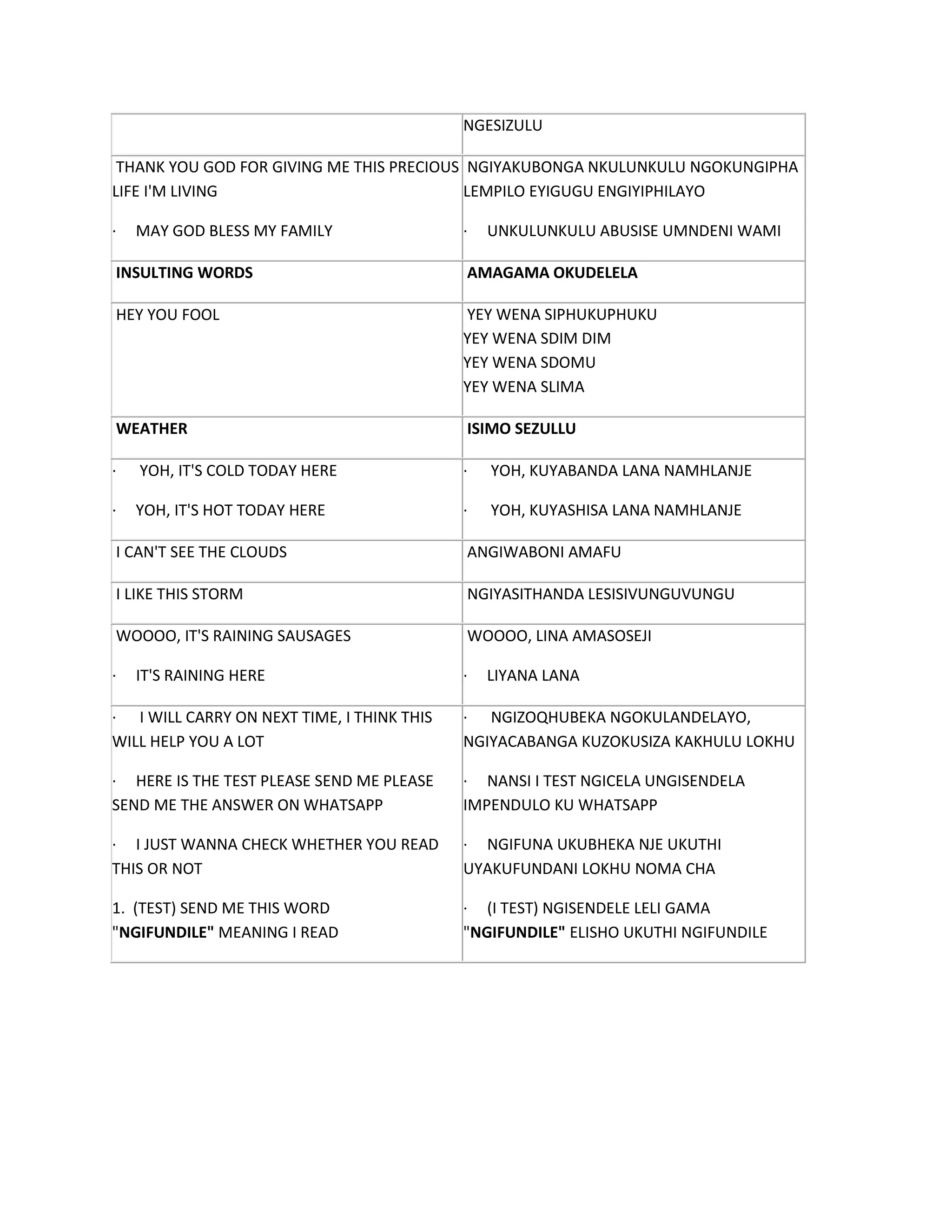Phawula Isizulu Language translations | DOCX