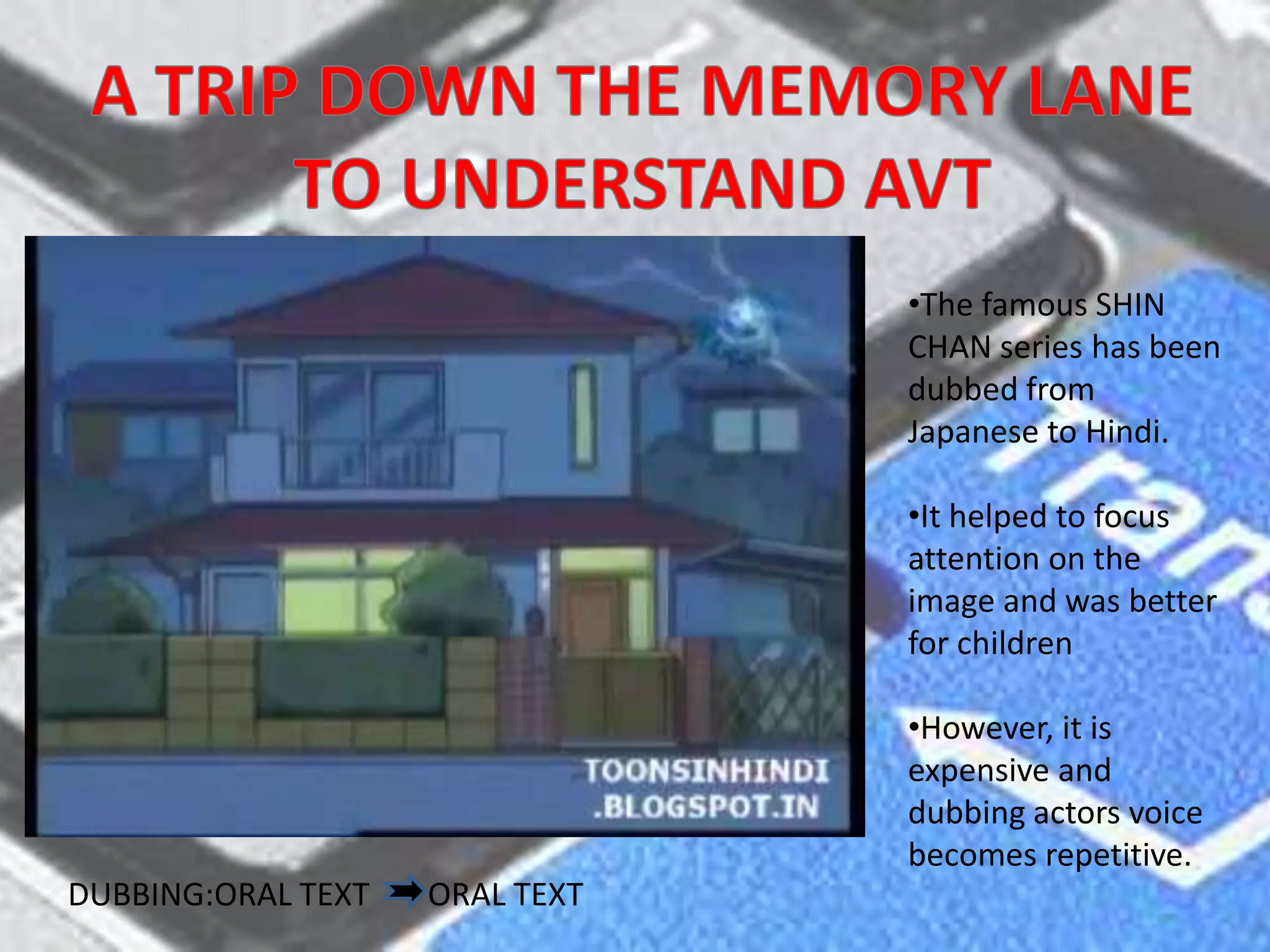 •The famous SHIN
CHAN series has been
dubbed from
Japanese to Hindi.
•It helped to focus
attention on the
image and was better
for children
•However, it is
expensive and
dubbing actors voice
becomes repetitive.
DUBBING:ORAL TEXT
ORAL TEXT