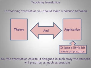 Teaching translationIn teaching translation you should make a balance betweenSo, the translation course is designed in such away the student will practice as much as possibleTheoryApplicationAndIt lean a little bit more on practiceRawia al-jehani