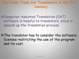 C) Deadlines and financial arrangements:1-Allow enough time in the documentation schedule for translation.2-Agree on a realistic deadline before the translator starts working.3-The translator may be better paid for the time involved, and not for the length.4-Decide whether the translation is for information purposes only or publication, and assign the budget accordingly.5-Agree on financial arrangements in advance.Rawia al-jehani