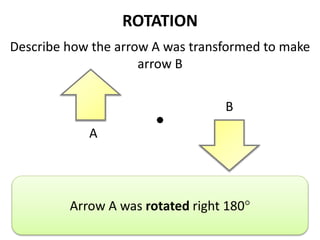 ROTATION 
Describe how the arrow A was transformed to make 
arrow B 
A 
B 
Describe the translation. 
Arrow A was rotated right 180 
 