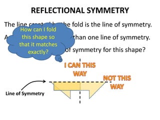 REFLECTIONAL SYMMETRY 
The line created by the fold is the line of symmetry. 
A shape can have more than one line of symmetry. 
How can I fold 
this shape so 
that it matches 
Where is the line of symmetry for this shape? 
exactly? 
Line of Symmetry 
 