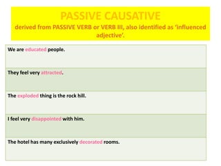 PASSIVE CAUSATIVE
derived from PASSIVE VERB or VERB III, also identified as ‘influenced
adjective’.
We are educated people.
They feel very attracted.
The exploded thing is the rock hill.
I feel very disappointed with him.
The hotel has many exclusively decorated rooms.
 