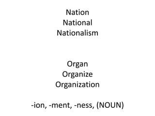 Nation
National
Nationalism
Organ
Organize
Organization
-ion, -ment, -ness, (NOUN)
 