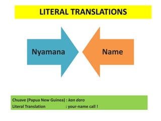 LITERAL TRANSLATIONS
Chuave (Papua New Guinea) : kan daro
Literal Translation : your-name call !
Nyamana Name
 