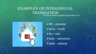 EXAMPLES OF INTRALINGUAL
TRANSLATION
lift – elevator
lorry – truck
tin – can
telly – television
tube - subway
BY: CHELDY SYGACO ELUMBA-PABLEO,MPA,JD,LPT
 