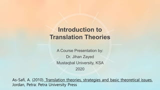 As-Safi, A. (2010). Translation theories, strategies and basic theoretical issues.
Jordan, Petra: Petra University Press
Introduction to
Translation Theories
A Course Presentation by:
Dr. Jihan Zayed
Mustaqbal University, KSA
2020
 