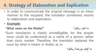 4. Strategy of Elaboration and Explication
34
• In order to communicate the original message in an intact
manner to the recipient, the translator sometimes resorts
to elaboration and explication.
• Example:
“What news on the Rialto?” ‫ما‬‫أخبار‬‫ريالتو؟‬
*Such translation is clearly unintelligible, for the proper
noun could be understood as a name of a person rather
than stock market. Therefore, the translator replaced the
noun by what it means in Arabic as in:
‫ما‬‫أخبار‬‫بورصة‬‫ريالتو؟‬
 