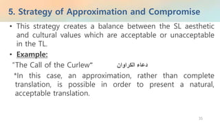5. Strategy of Approximation and Compromise
35
• This strategy creates a balance between the SL aesthetic
and cultural values which are acceptable or unacceptable
in the TL.
• Example:
“The Call of the Curlew” ‫دعاء‬‫الكراوان‬
*In this case, an approximation, rather than complete
translation, is possible in order to present a natural,
acceptable translation.
 