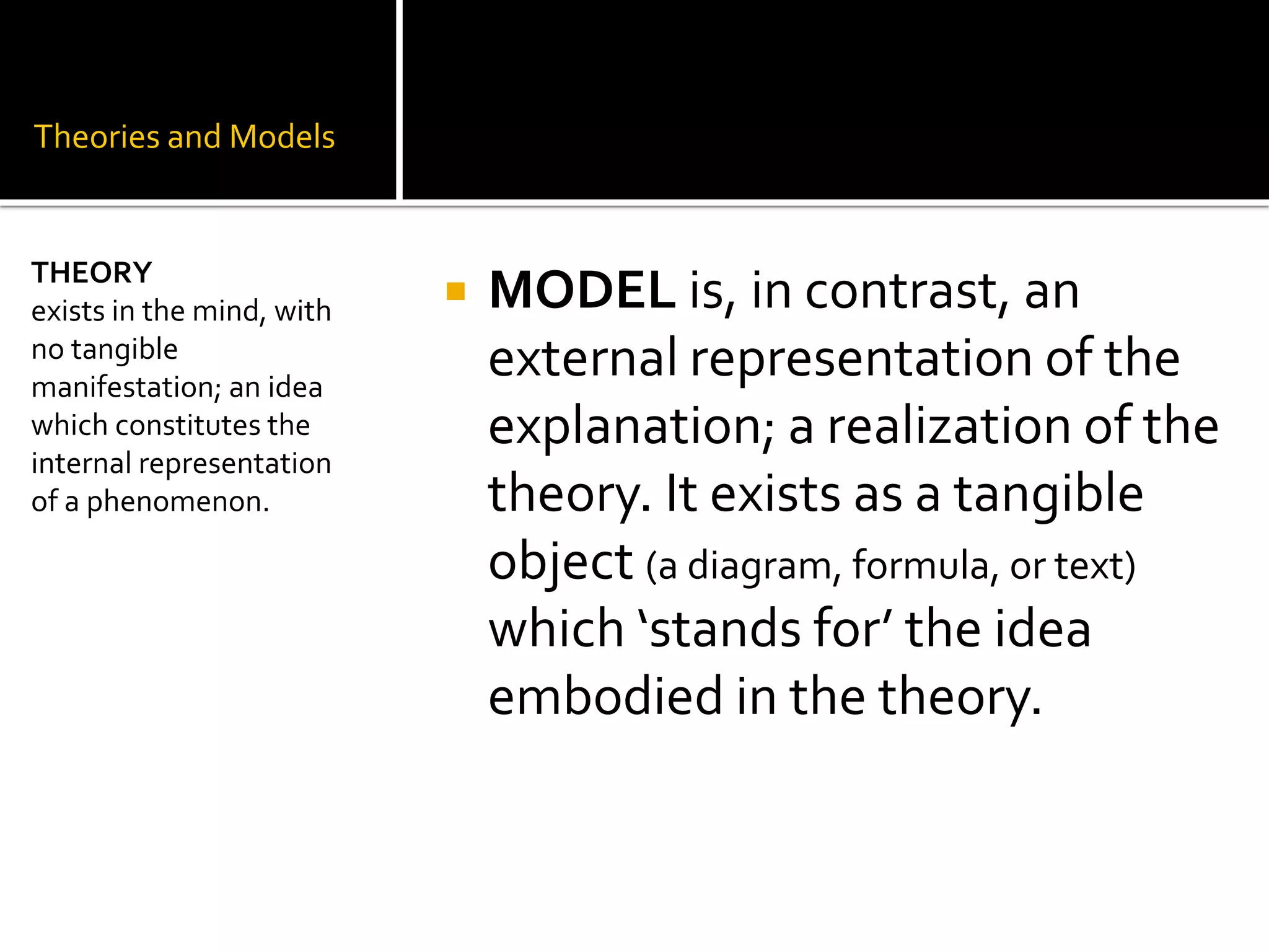 Theories and Models
 MODEL is, in contrast, an
external representation of the
explanation; a realization of the
theory. It exists as a tangible
object (a diagram, formula, or text)
which ‘stands for’ the idea
embodied in the theory.
THEORY
exists in the mind, with
no tangible
manifestation; an idea
which constitutes the
internal representation
of a phenomenon.
 
