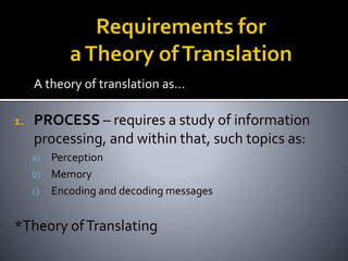 A theory of translation as…
1. PROCESS – requires a study of information
processing, and within that, such topics as:
a) Perception
b) Memory
c) Encoding and decoding messages
*Theory ofTranslating
 