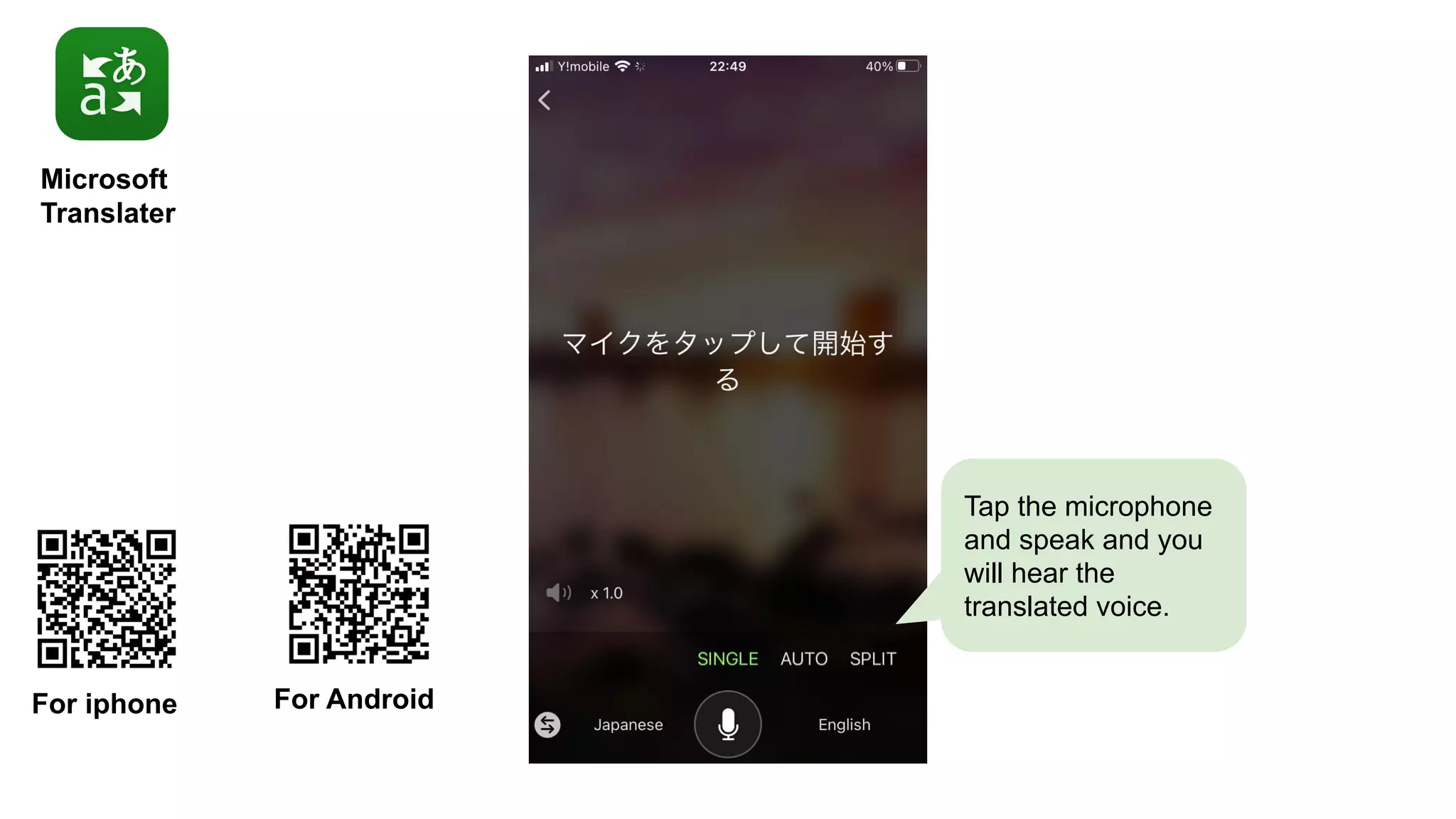 Microsoft
Translater
For iphone For Android
Tap the microphone
and speak and you
will hear the
translated voice.
 