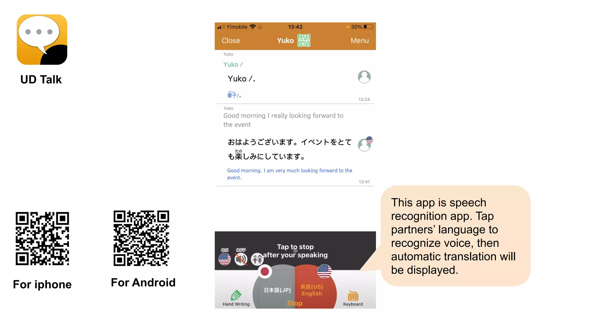 UD Talk
For iphone For Android
This app is speech
recognition app. Tap
partners’ language to
recognize voice, then
automatic translation will
be displayed.
 