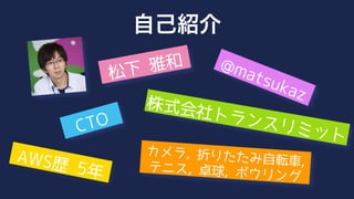 @matsukaz
松下 雅和
株式会社トランスリミットCTO
カメラ, 折りたたみ自転車,テニス, 卓球, ボウリング
AWS歴 5年
自己紹介
 