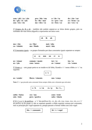 Estudar +

com- / pli- / ca- / ção
de- / glu- / ti- / ção
con- / trá- / rio

pro- / ble- / ma
in- / fla- / mar
me- / dro- / so

a- / tle- / ta
re- / pro- / var
re- / fres- / co

de- / cla- / rar
co- / bran- / ça
ne- / vro- / se

3º Grupos ch, lh e nh – também não podem separar-se as letras destes grupos, pois na
realidade são suas letras (dígrafo) a representar um único som:

ch
mo- / cho
ca- / chalote

lh

co- / lher
mo- / lhado

nh

moi- / nho
mesi- / nha

4º Consoantes iguais – os grupos formados por duas consoantes iguais separam-se sempre:
cc
ac- / cionar
ac- / ção

cç

mm

nn

comum- / mente
com- / nosco

rr

ss

tor- / re
ar- / rumar

tos- / se
vís- / semos

5º Grupo sc – este grupo parte-se ao mudar-se de linha, ficando o ‘s’ numa sílaba e o ‘c’ na
seguinte:
s- / c
as- / cender

flores- / cimento

nas- / cença

Nota: O ‘s’ que precede outra consoante forma sempre sílaba com o elemento que está antes:

s- / b

cabis- / baixo
sols- / tício

s- / m

res- / ma
pers- / pectiva

rs- / p

bs- / t…

cons- / truir
subs- / tância

6º O ‘s’ e o ‘x’ de prefixos – o ‘s’ dos prefixos bis, cis, des, dis, tras, trans, tres, tris, e o ‘x’
do prefixo ou do grupo ex não se separam quando a sílaba seguinte começa por consoante;
mas se principia por vogal separam-se, porque passam a formar sílaba com essa vogal:
bis- / + consoante

bi- / s + vogal

2

 