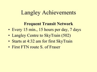 Langley Achievements Frequent Transit Network Every 15 min., 15 hours per day, 7 days Langley Centre to SkyTrain (502) Starts at 4:32 am for first SkyTrain First FTN route S. of Fraser 