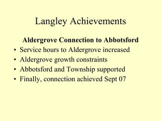 Langley Achievements Aldergrove Connection to Abbotsford Service hours to Aldergrove increased Aldergrove growth constraints Abbotsford and Township supported Finally, connection achieved Sept 07 