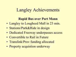 Langley Achievements Rapid Bus over Port Mann Langley to Lougheed Mall in 23 min. Stations/Park&Ride in design Dedicated Freeway underpasses access Convertible to Rail in Future Translink/Prov funding allocated Property acquistion underway 