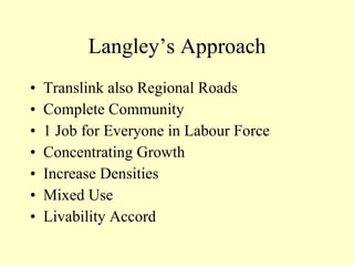 Langley’s Approach Translink also Regional Roads Complete Community 1 Job for Everyone in Labour Force Concentrating Growth Increase Densities Mixed Use Livability Accord 