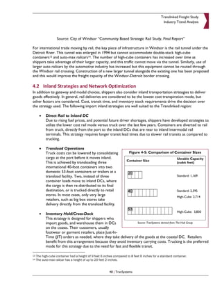 Translinked Freight Study
                                                                                                Industry Trend Analysis



                    Source: City of Windsor “Community Based Strategic Rail Study, Final Report”

For international trade moving by rail, the key piece of infrastructure in Windsor is the rail tunnel under the
Detroit River. This tunnel was enlarged in 1994 but cannot accommodate double-stack high-cube
containers13 and auto-max railcars14. The number of high-cube containers has increased over time as
shippers take advantage of their larger capacity, and this traffic cannot move via the tunnel. Similarly, use of
larger auto railcars by the automotive industry has increased but this equipment cannot be routed through
the Windsor rail crossing. Construction of a new larger tunnel alongside the existing one has been proposed
and this would improve the freight capacity of the Windsor-Detroit border crossing.

4.2 Inland Strategies and Network Optimization
In addition to gateway and modal choices, shippers also consider inland transportation strategies to deliver
goods effectively. In general, rail deliveries are considered to be the lowest cost transpiration mode, but
other factors are considered. Cost, transit time, and inventory stock requirements drive the decision over
the strategy used. The following import inland strategies are well suited to the Translinked region:

       •    Direct Rail to Inland DC
            Due to rising fuel prices, and potential future driver shortages, shippers have developed strategies to
            utilize the lower cost rail mode versus truck over the last few years. Containers are diverted to rail
            from truck, directly from the port to the inland DCs that are near to inland intermodal rail
            terminals. This strategy requires longer transit lead times due to slower rail transits as compared to
            trucking.

       •    Transload Operations
            Truck costs can be lowered by consolidating                 Figure 4-5: Comparison of Container Sizes
            cargo at the port before it moves inland.                                                     Useable Capacity
                                                                      Container Size
            This is achieved by transloading three                                                        (cubic feet)
            international 40-foot containers into two
            domestic 53-foot containers or trailers at a
            transload facility. Two, instead of three                                                     Standard: 1,169
            container loads move to inland DCs, where
            the cargo is then re-distributed to its final
            destination, or is trucked directly to retail                                                 Standard: 2,395
            stores. In most cases, only very large                                                        High-Cube: 2,714
            retailers, such as big box stores take
            delivery directly from the transload facility.
                                                                                                          High-Cube: 3,830
       •    Inventory Hold/Cross-Dock
            This strategy is designed for shippers who
            import goods, and warehouse them in DCs                   Source: TranSystems derived from The Hub Group
            on the coasts. Their customers, usually
            footwear or garment retailers, place Just-In-
            Time (JIT) orders as needed, where they take delivery of the goods at the coastal DC. Retailers
            benefit from this arrangement because they avoid inventory carrying costs. Trucking is the preferred
            mode for this strategy due to the need for fast and flexible transit.

13   The high-cube container had a height of 9 feet 6 inches compared to 8 feet 6 inches for a standard container.
14   The auto-max railcar has a height of up to 20 feet 2 inches.


                                                          48 | TranSystems
 