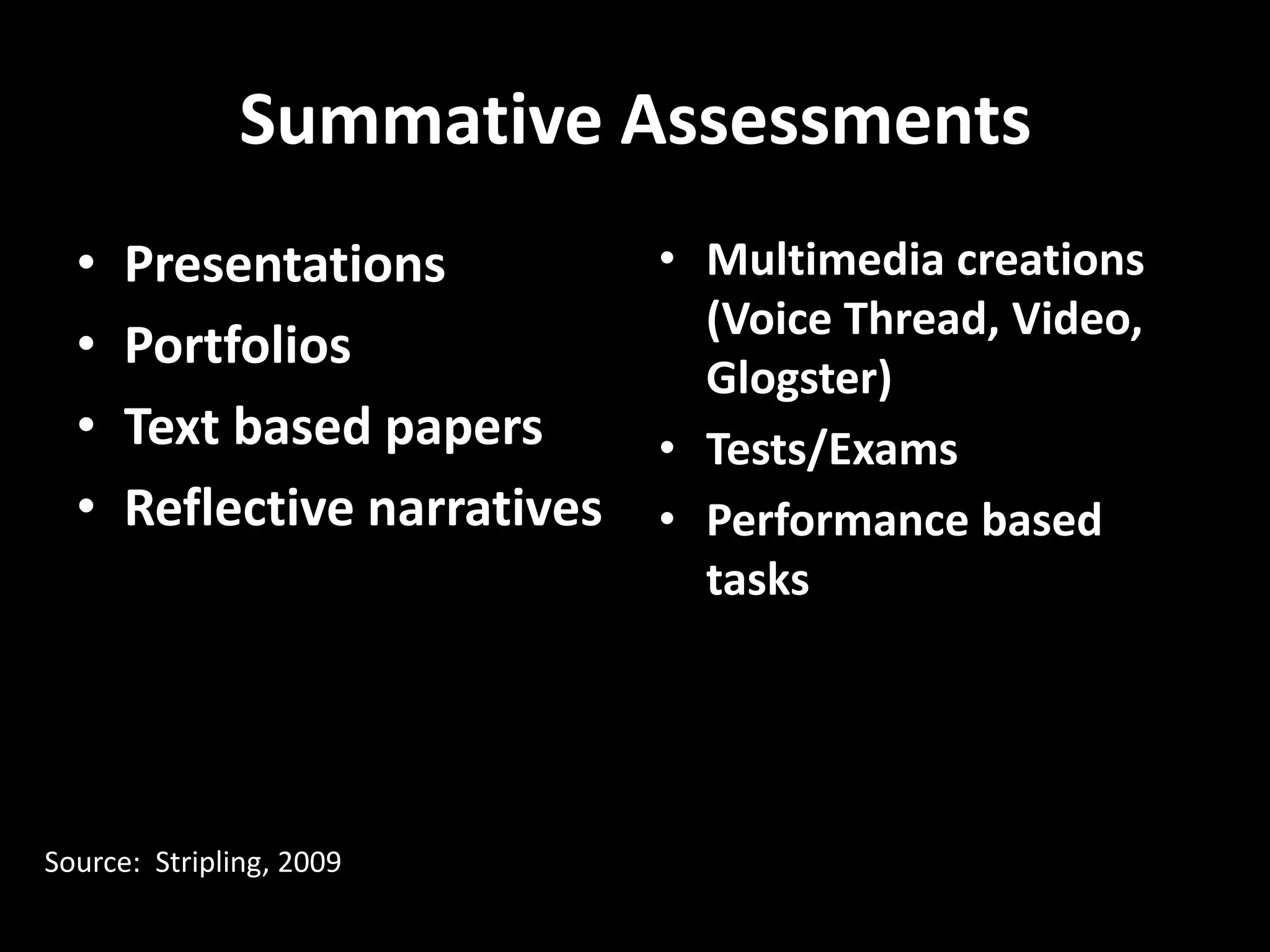 Summative Assessments
  •   Presentations         • Multimedia creations
                              (Voice Thread, Video,
  •   Portfolios
                              Glogster)
  •   Text based papers     • Tests/Exams
  •   Reflective narratives • Performance based
                               tasks




Source: Stripling, 2009
 