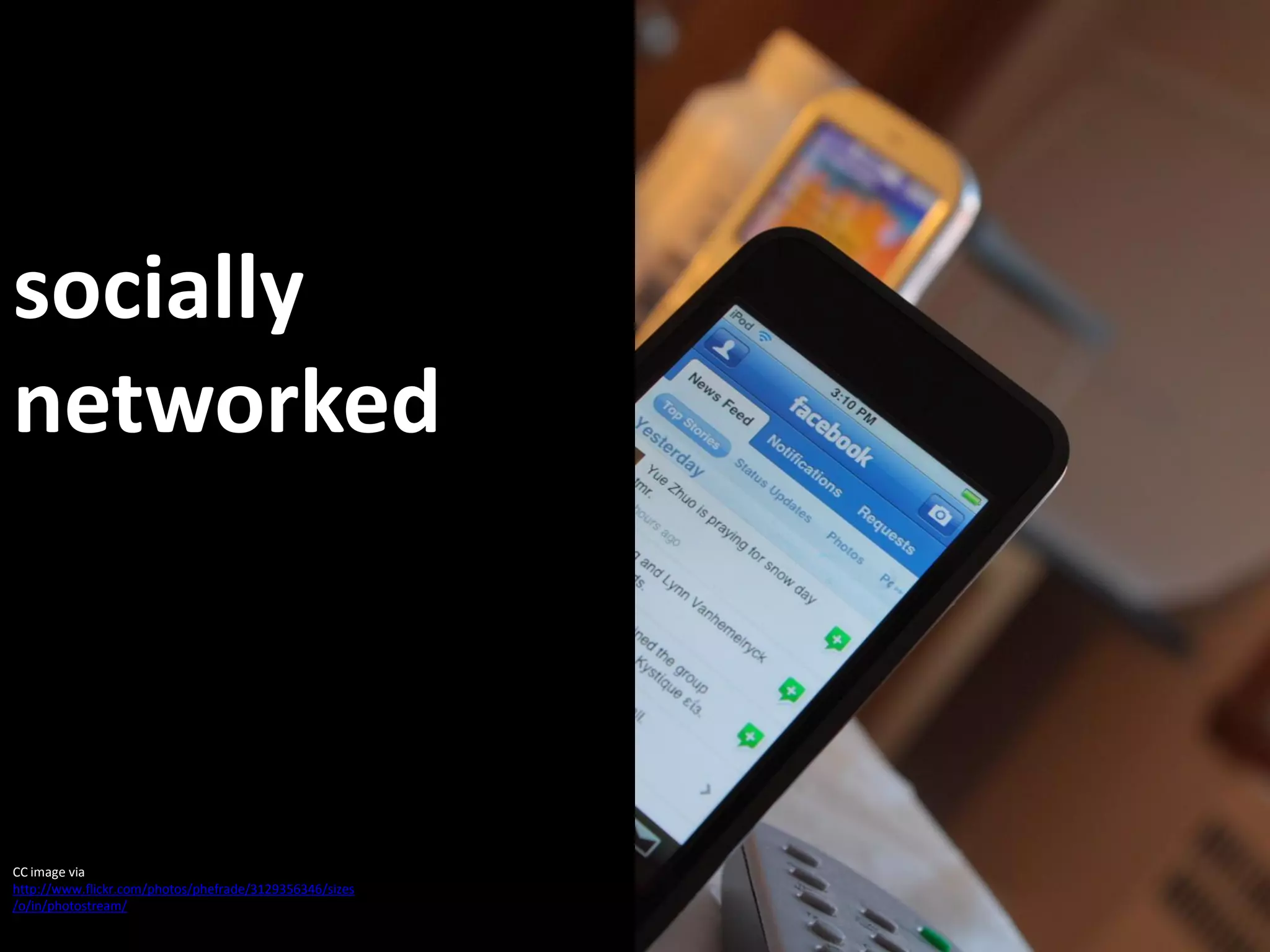 socially
networked



CC image via
http://www.flickr.com/photos/phefrade/3129356346/sizes
/o/in/photostream/
 