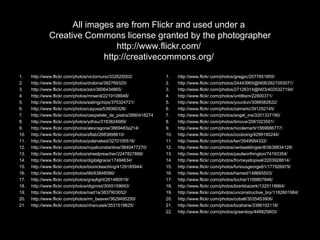 All images are from Flickr and used under a
              Creative Commons license granted by the photographer
                                http://www.flickr.com/
                            http://creativecommons.org/

1.    http://www.flickr.com/photos/victornuno/332625002/            1.    http://www.flickr.com/photos/gregpc/2077851855/
2.    http://www.flickr.com/photos/drabina/382769325/               2.    http://www.flickr.com/photos/24443965@N08/2621093071/
3.    http://www.flickr.com/photos/zen/3606434865/                  3.    http://www.flickr.com/photos/27126314@N03/4025327194/
4.    http://www.flickr.com/photos/mrsenil/2219108948/              4.    http://www.flickr.com/photos/untitlism/22800371/
5.    http://www.flickr.com/photos/eatingchips/375324721/           5.    http://www.flickr.com/photos/yourdon/3088582622/
6.    http://www.flickr.com/photos/cayusa/538060326/                6.    http://www.flickr.com/photos/zamario/391292145/
7.    http://www.flickr.com/photos/oaspetele_de_piatra/2680418274   7.    http://www.flickr.com/photos/angel_ina/3201337190/
8.    http://www.flickr.com/photos/ydhsu/3183824689/                8.    http://www.flickr.com/photos/timove/2081023501/
9.    http://www.flickr.com/photos/alexragone/3869483a214/          9.    http://www.flickr.com/photos/nicolemarti/1569686777/
10.   http://www.flickr.com/photos/aftab/2683898610/                10.   http://www.flickr.com/photos/zooboing/4299180244/
11.   http://www.flickr.com/photos/polanaked/3270100516/            11.   http://www.flickr.com/photos/lwr/3549584332/
12.   http://www.flickr.com/photos/royalconstantine/3840477270/     12.   http://www.flickr.com/photos/verbeeldingskr8/3638834128/
13.   http://www.flickr.com/photos/streetpreacher/2247827888/       13.   http://www.flickr.com/photos/paulworthington/74193354/
14.   http://www.flickr.com/photos/digitalgrace/17494634/           14.   http://www.flickr.com/photos/fromeyetopixel/2203928814/
15.   http://www.flickr.com/photos/bionicteaching/4129185944/       15.   http://www.flickr.com/photos/furiousgeorge81/177926979/
16.   http://www.flickr.com/photos/lilit/63848586/                  16.   http://www.flickr.com/photos/hamed/148665503/
17.   http://www.flickr.com/photos/graylight/261480919/             17.   http://www.flickr.com/photos/tochis/1169807846/
18.   http://www.flickr.com/photos/digimist/3055159693/             18.   http://www.flickr.com/photos/lizerkbazerk/1325118664/
19.   http://www.flickr.com/photos/nad1a/3837903052/                19.   http://www.flickr.com/photos/unconstructive_bry/1182601984/
20.   http://www.flickr.com/photos/mr_beaver/3629495250/            20.   http://www.flickr.com/photos/cobalt/3035453906/
21.   http://www.flickr.com/photos/nhanusek/3531519625/             21.   http://www.flickr.com/photos/bzaharie/3386102118/
                                                                    22.   http://www.flickr.com/photos/greenboy/448825603/
 