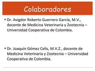 Colaboradores Dr. Avigdor Roberto Guerrero García, M.V., docente de Medicina Veterinaria y Zootecnia – Universidad Cooperativa de Colombia. Dr. Joaquín Gómez Celis, M.V.Z., docente de Medicina Veterinaria y Zootecnia – Universidad Cooperativa de Colombia.  