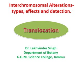 Interchromosomal Alterations-
types, effects and detection.
Dr. Lakhvinder Singh
Department of Botany
G.G.M. Science College, Jammu
TRANSLOCATION
 