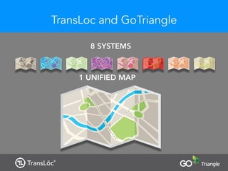 TransLoc and GoTriangle
8 SYSTEMS
1 UNIFIED MAP
 