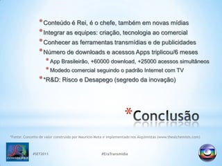 #SET2011#EraTransmidiaConclusãoConteúdo é Rei, é o chefe, também em novasmídiasIntegraras equipes: criação, tecnologiaaocomercialConhecer as ferramentastransmídias e de publicidadesNúmero de downloads e acessos Apps triplicou/6 mesesApp Brasileirão, +60000 download, +25000 acessossimultâneosModedocomercialseguindo o padrão Internet com TV*R&D: Risco e Desapego (segredo da inovação)*Fonte: Conceito de valor construído por Mauricio Mota e implementado nos Alquimistas (www.thealchemists.com)